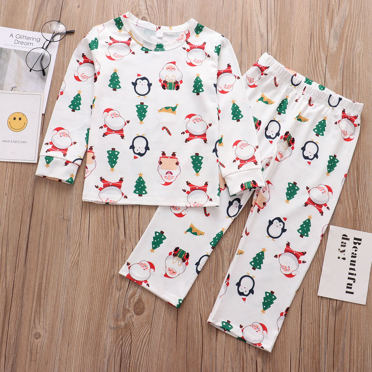 Family Christmas Pajamas Allover Xmas Pattern Santa Claus Penguin Christmas Tree Elf Hat Candy Canes - ChildAngle