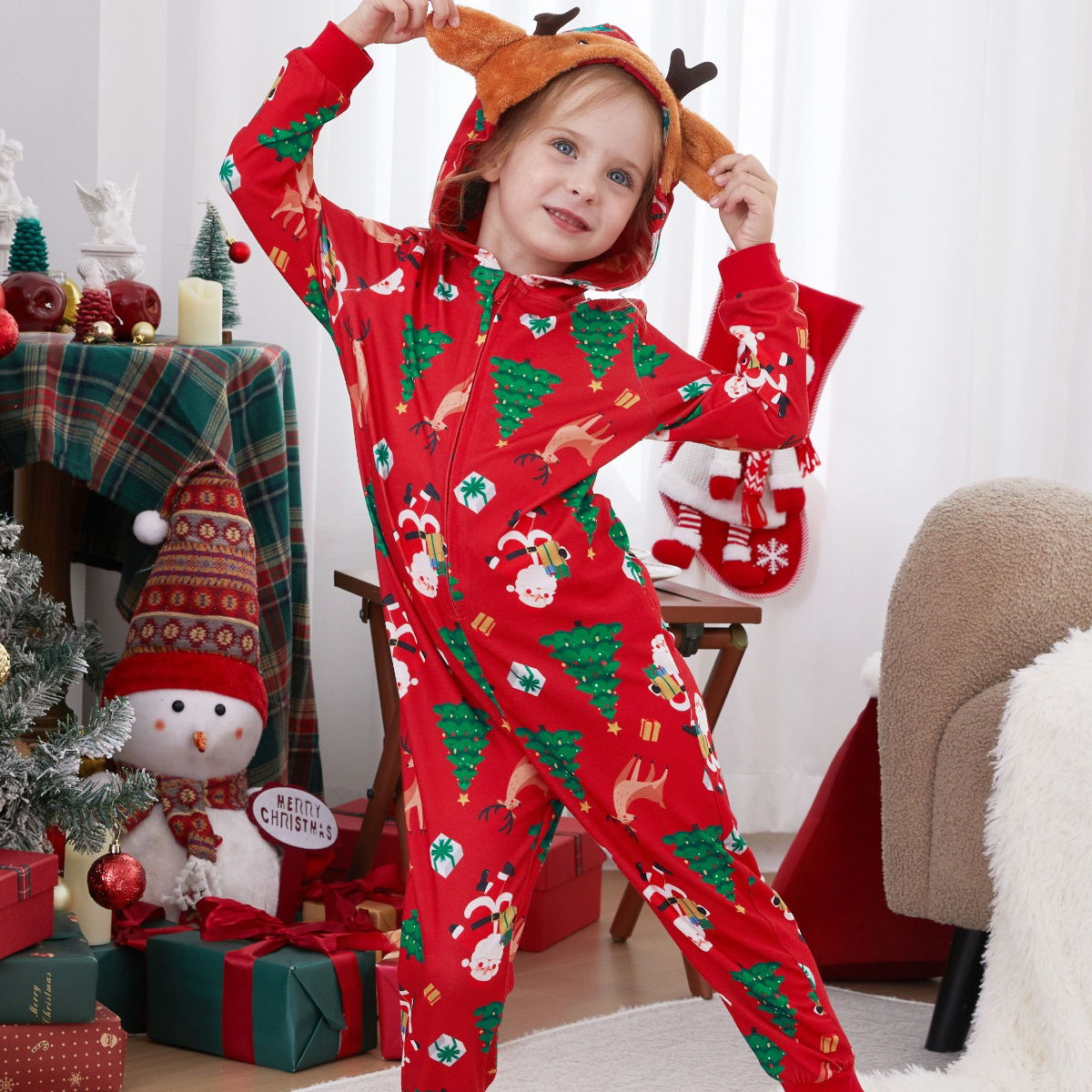 Family Matching Christmas Onesie Christmas Tree Santa Allover Rudolph Hooded Sleepwear - ChildAngle