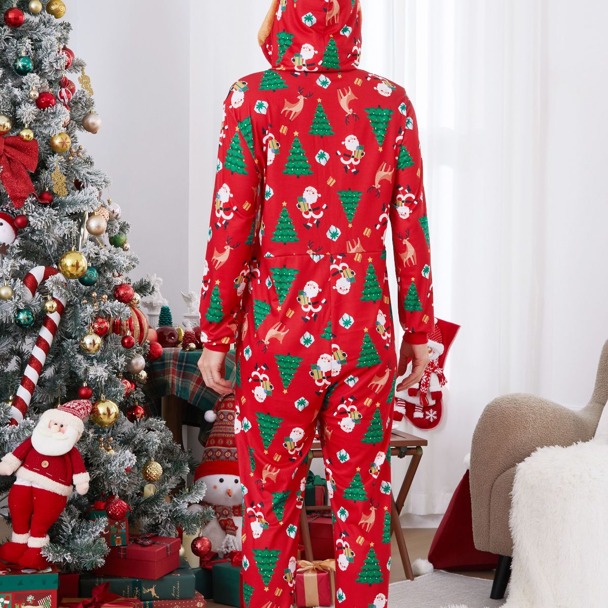 Family Matching Christmas Onesie Christmas Tree Santa Allover Rudolph Hooded Sleepwear - ChildAngle