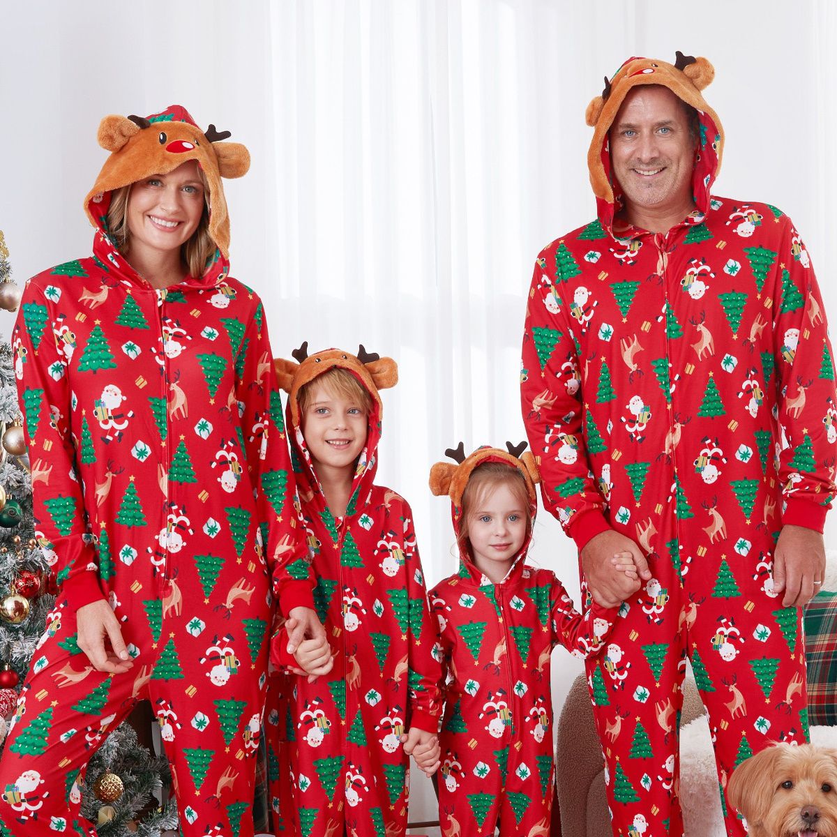 Family Matching Christmas Onesie Christmas Tree Santa Allover Rudolph Hooded Sleepwear - ChildAngle