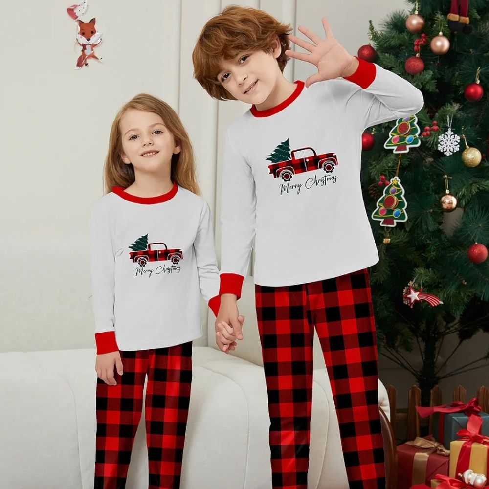 Family Matching Pajama Set Truck Christmas Tree Plaid Pajama Set - ChildAngle