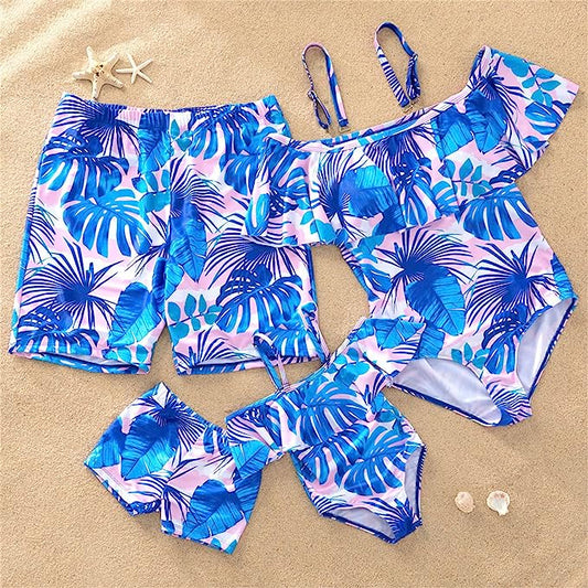 Family Matching Swimsuit Blue Floral Leaf Swim Trunks Off Shoulder One Piece Swimsuit - ChildAngle