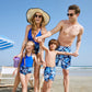 Family Matching Swimsuit Blue Ruffle Trim Spliced One-piece Swimsuit Plant Print Swim Trunks - ChildAngle