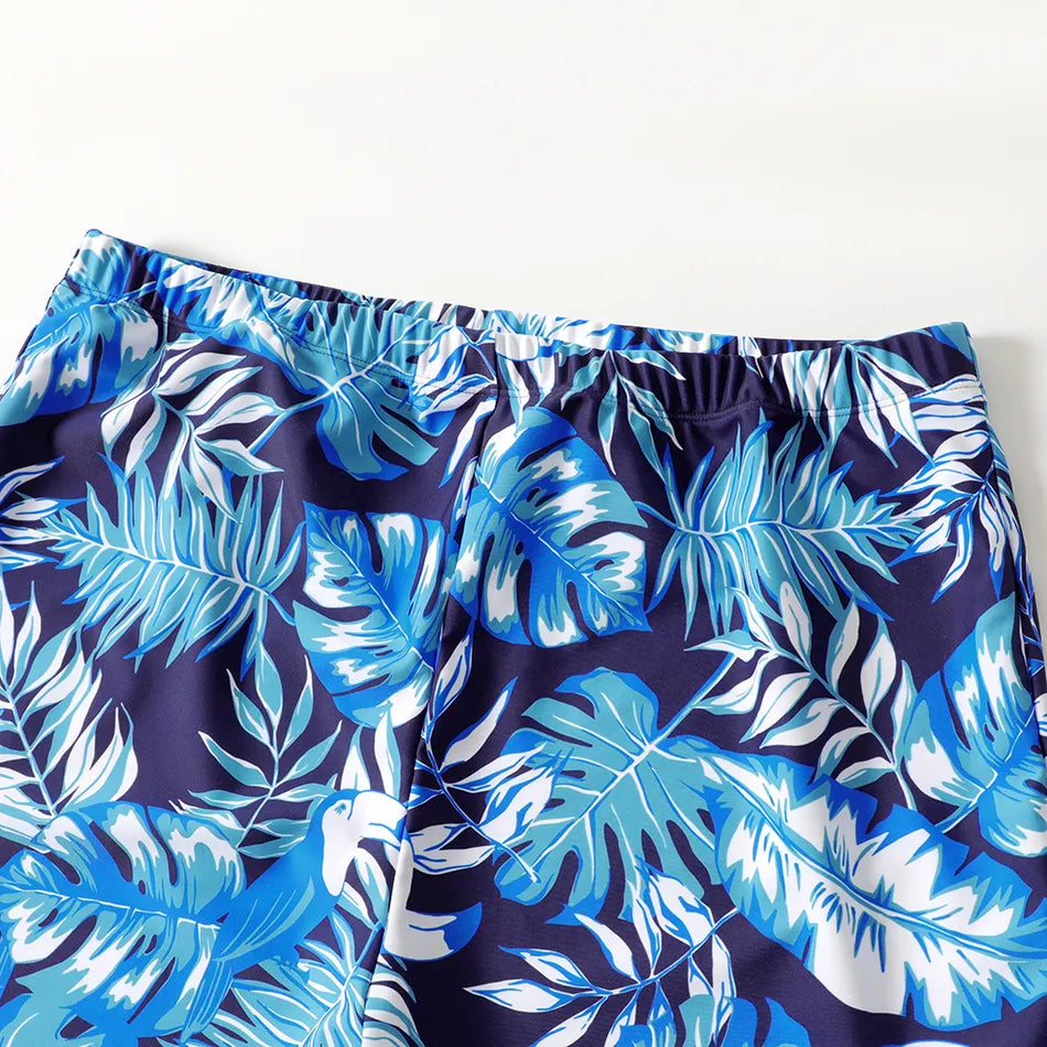 Family Matching Swimsuit Blue Ruffle Trim Spliced One-piece Swimsuit Plant Print Swim Trunks - ChildAngle