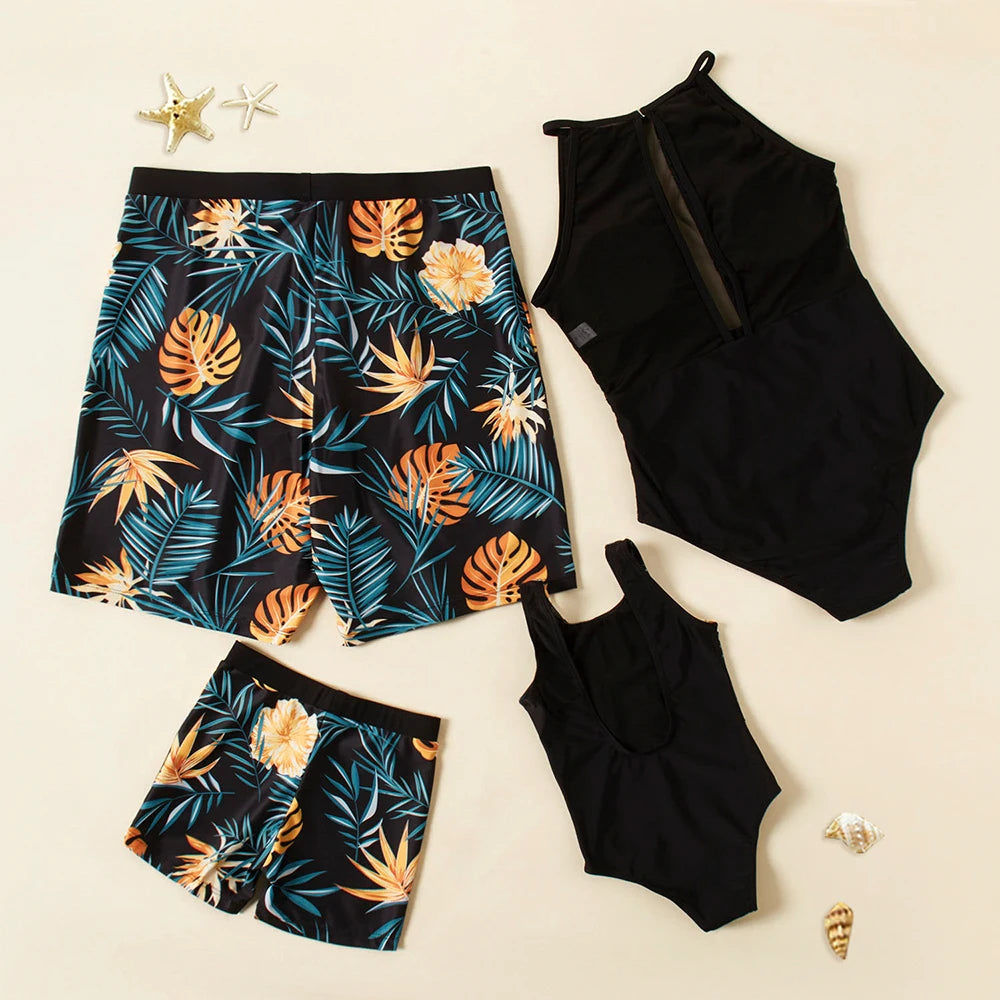 Family Matching Swimsuits Floral Palm Tree One Piece Swimwear Mother Daughter Swimwear - ChildAngle