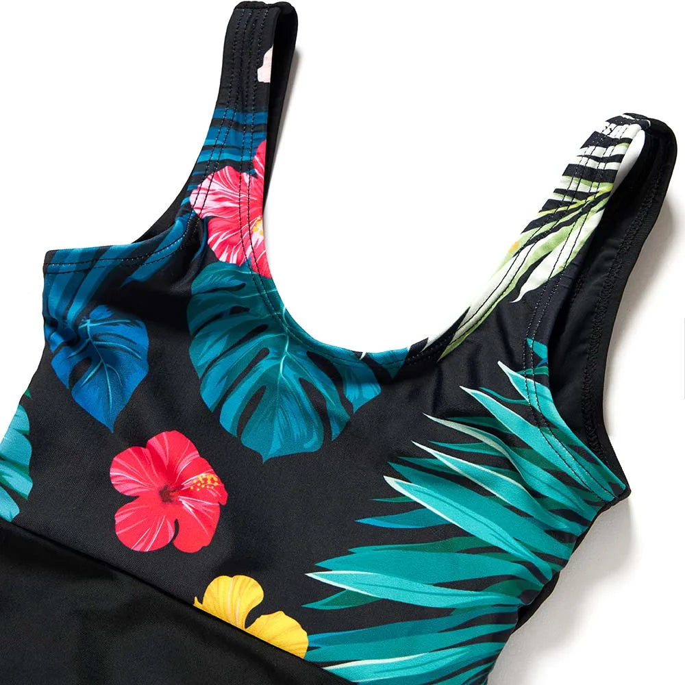 Family Matching Swimsuits Floral Palm Tree One Piece Swimwear Mother Daughter Swimwear - ChildAngle