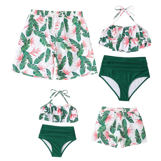 Family Swimwear Swimsuit Green Leaves Printing - ChildAngle