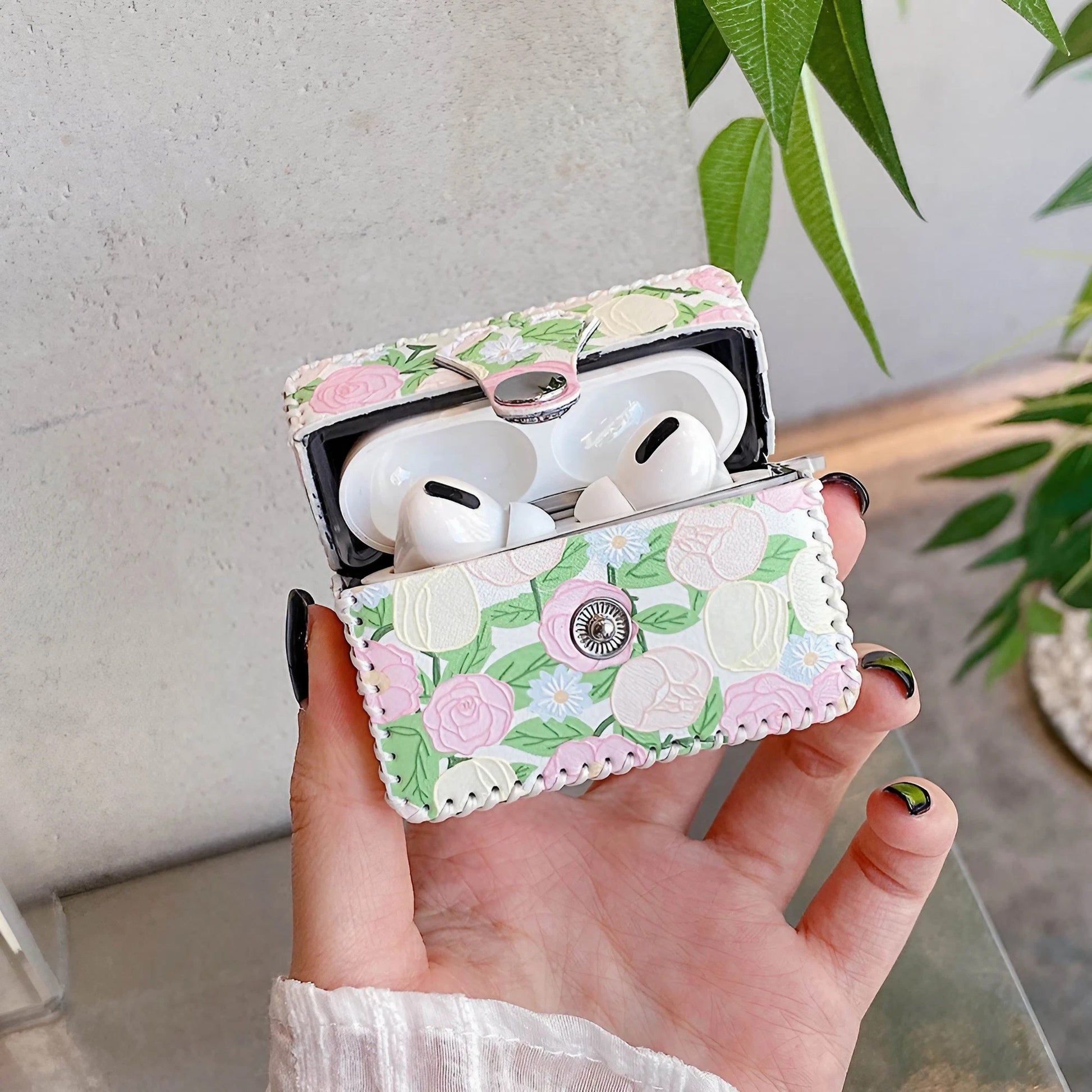 Flower Oil Painting AirPods Case PU Leather Earphone Case - ChildAngle