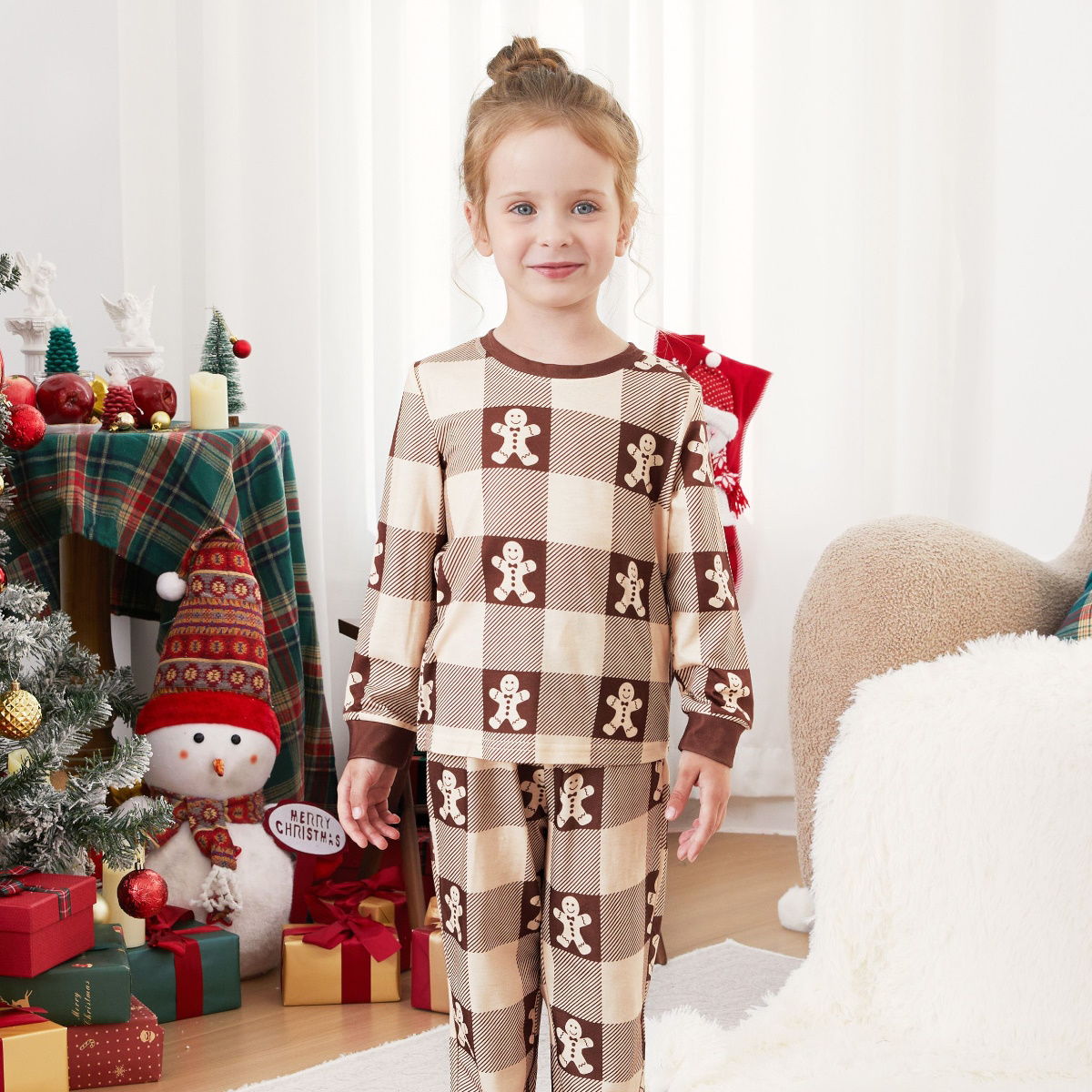 Gingerbread Family Pajamas Allover Gingerbread Plaid Henley Neckline Matching Pajamas - ChildAngle