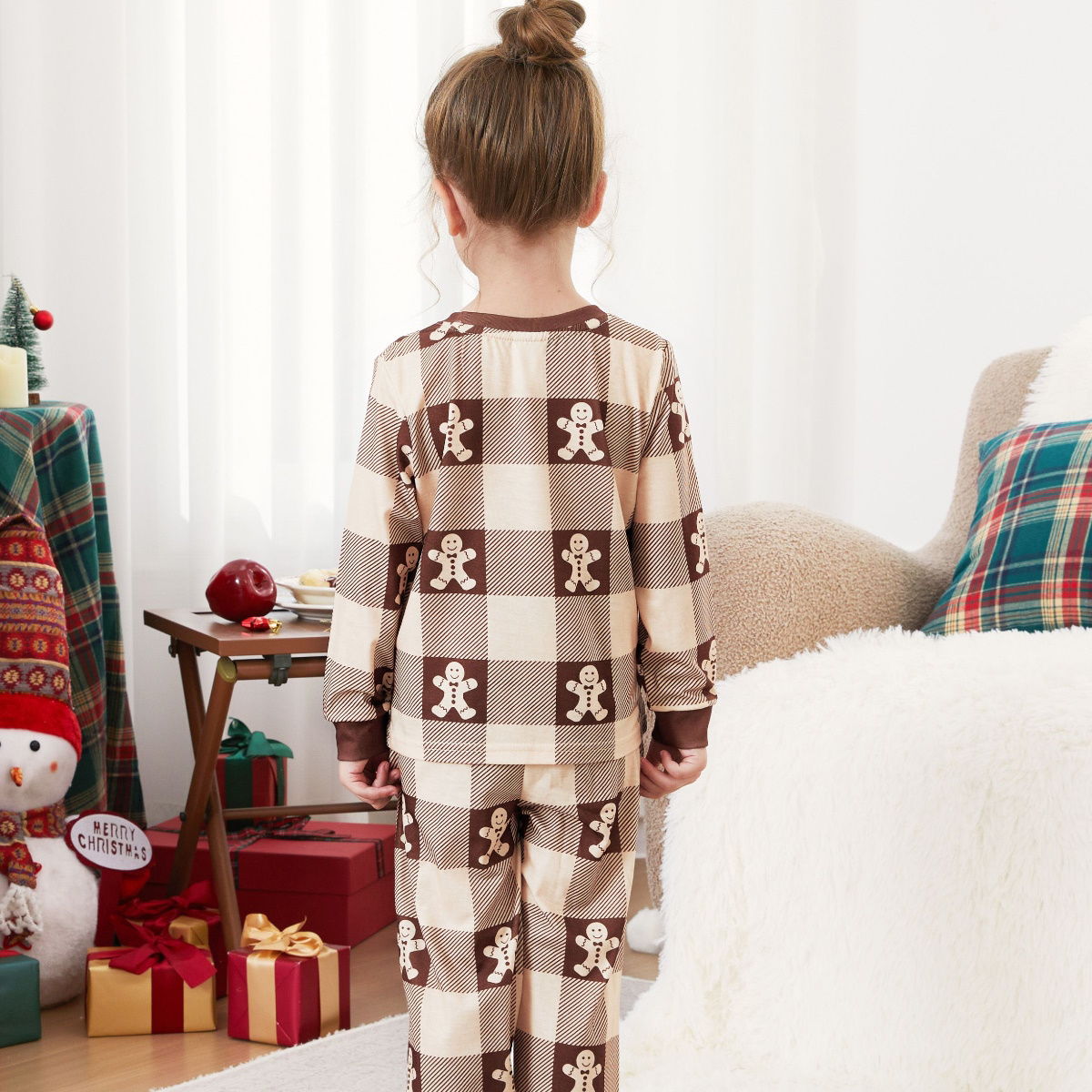 Gingerbread Family Pajamas Allover Gingerbread Plaid Henley Neckline Matching Pajamas - ChildAngle