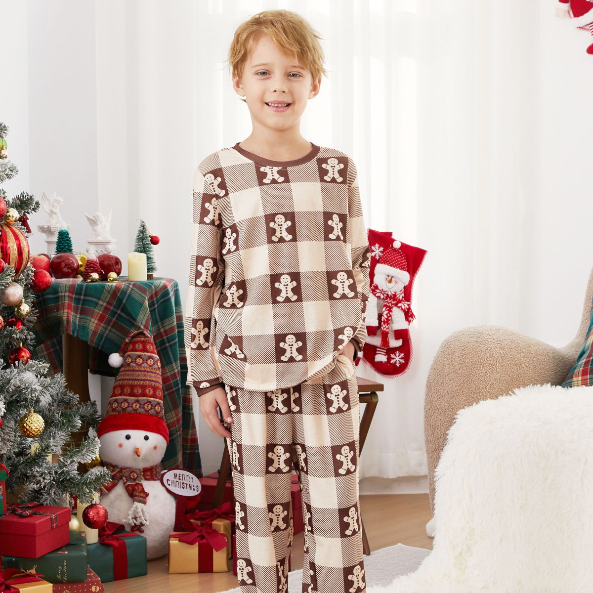 Gingerbread Family Pajamas Allover Gingerbread Plaid Henley Neckline Matching Pajamas - ChildAngle