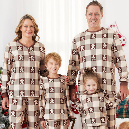 Gingerbread Family Pajamas Allover Gingerbread Plaid Henley Neckline Matching Pajamas - ChildAngle