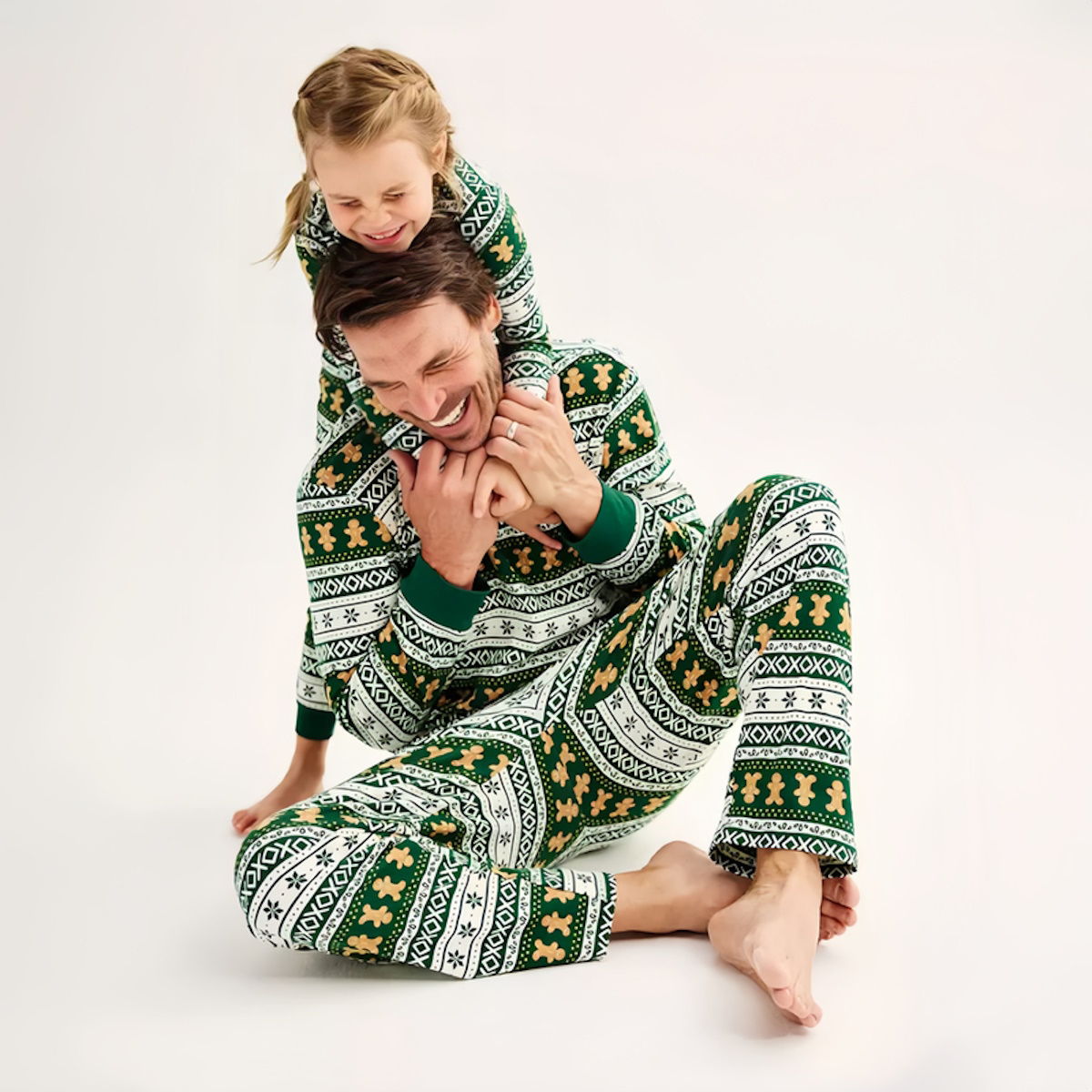 Green Gingerbread Family Pajamas Henry Neckline Allover Gingerbread Pattern - ChildAngle