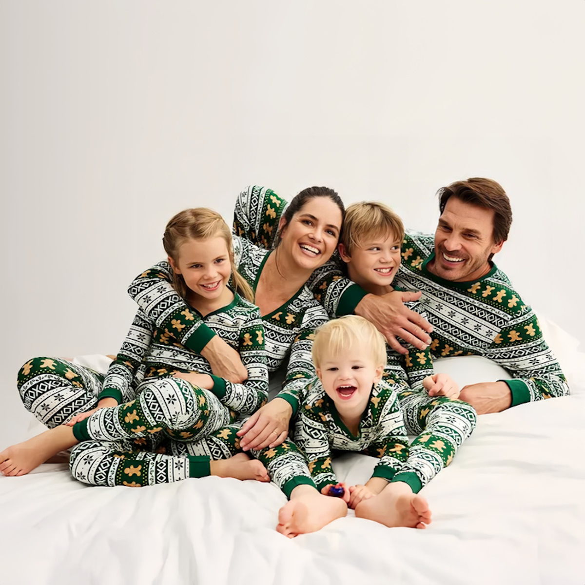 Green Gingerbread Family Pajamas Henry Neckline Allover Gingerbread Pattern - ChildAngle