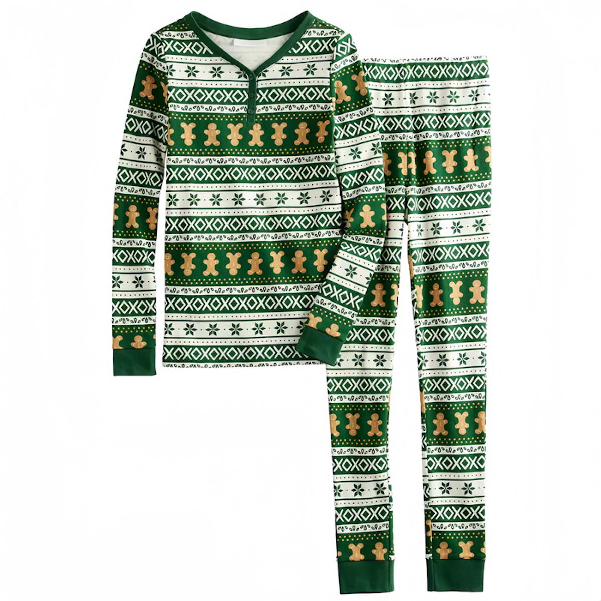 Green Gingerbread Family Pajamas Henry Neckline Allover Gingerbread Pattern - ChildAngle