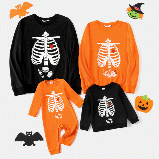 Glowing Family Matching Outfits Halloween Glow In The Dark Skeleton Print Long-sleeve Pullover Sweatshirts - ChildAngle