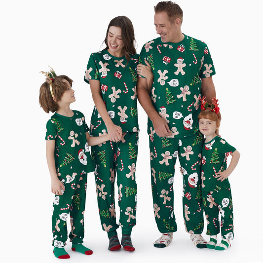 Green Short Sleeve Christmas Pajama Allover Gingerbread Santa Tree Gifts Print - ChildAngle