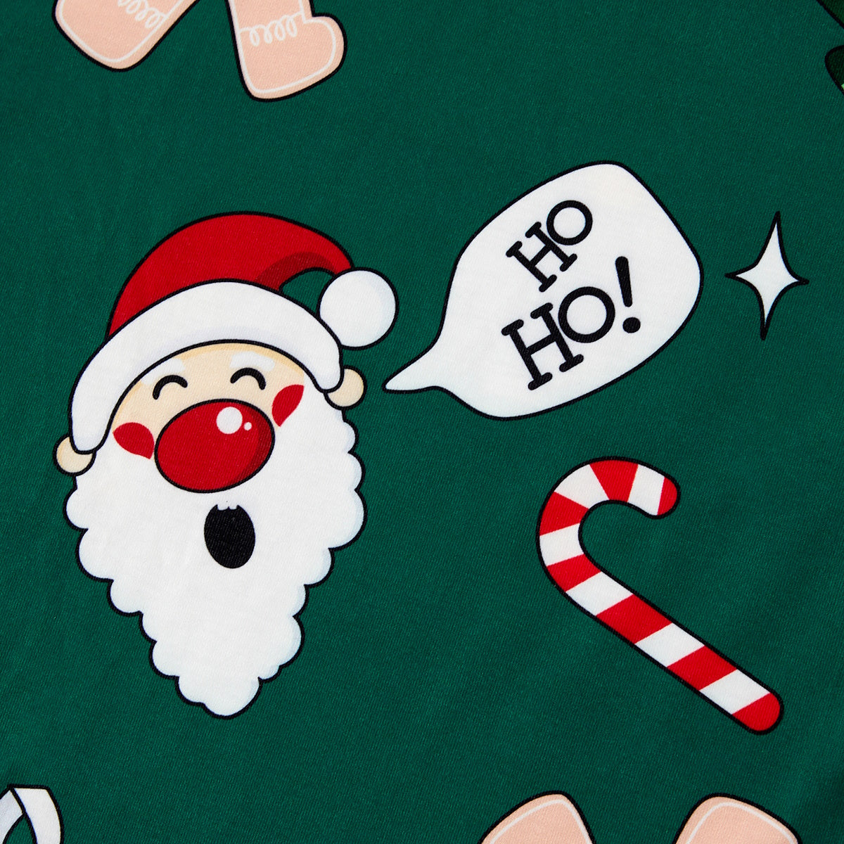 Green Short Sleeve Christmas Pajama Allover Gingerbread Santa Tree Gifts Print - ChildAngle