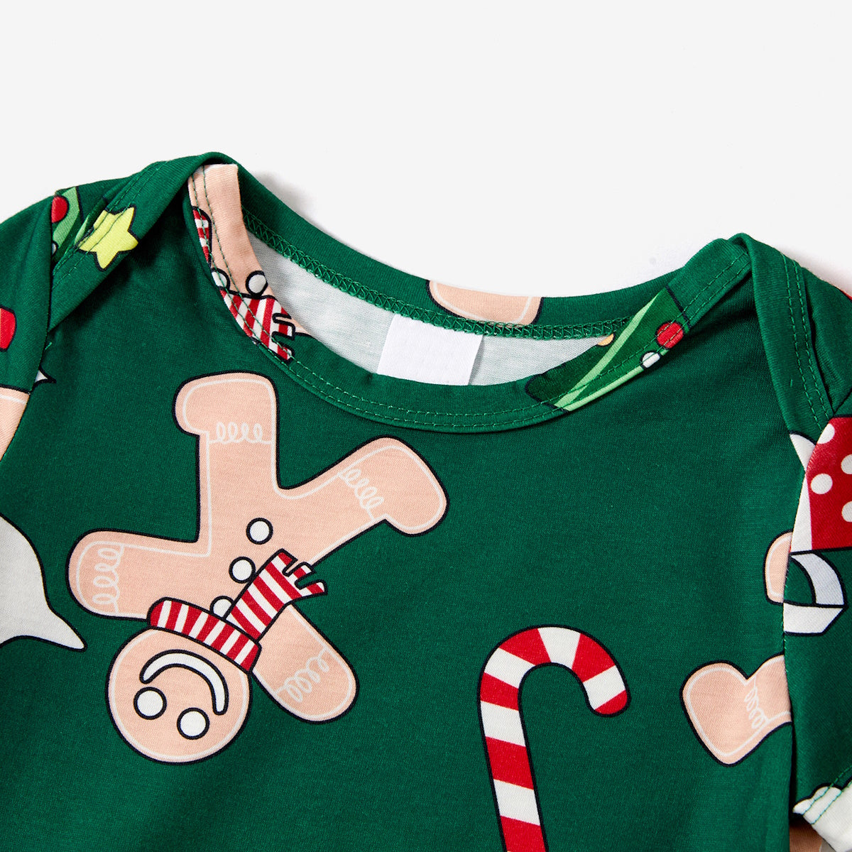 Green Short Sleeve Christmas Pajama Allover Gingerbread Santa Tree Gifts Print - ChildAngle