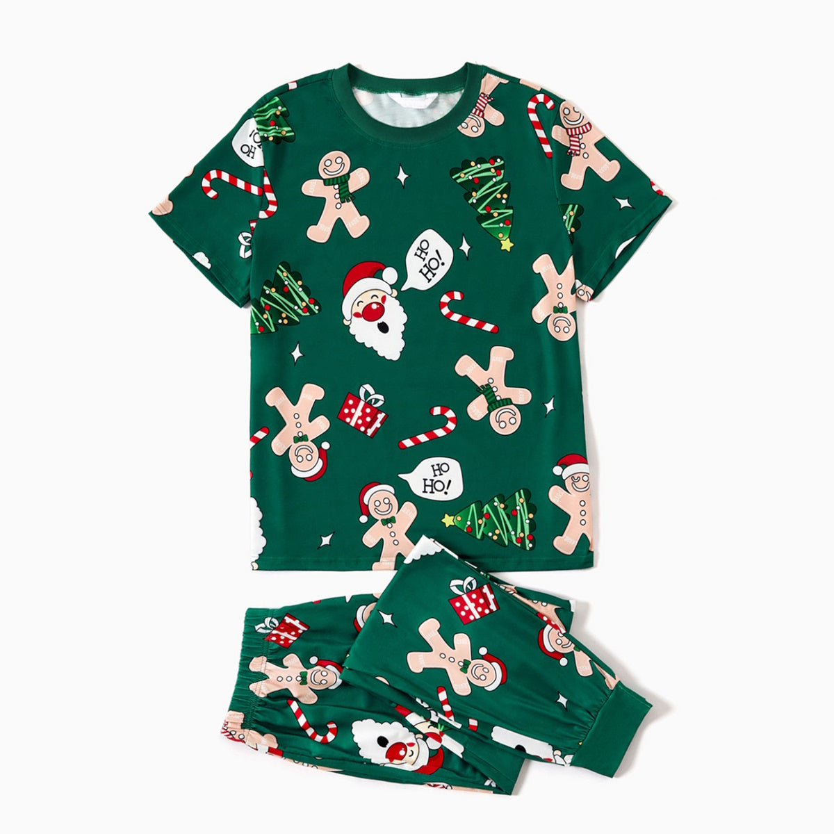 Green Short Sleeve Christmas Pajama Allover Gingerbread Santa Tree Gifts Print - ChildAngle