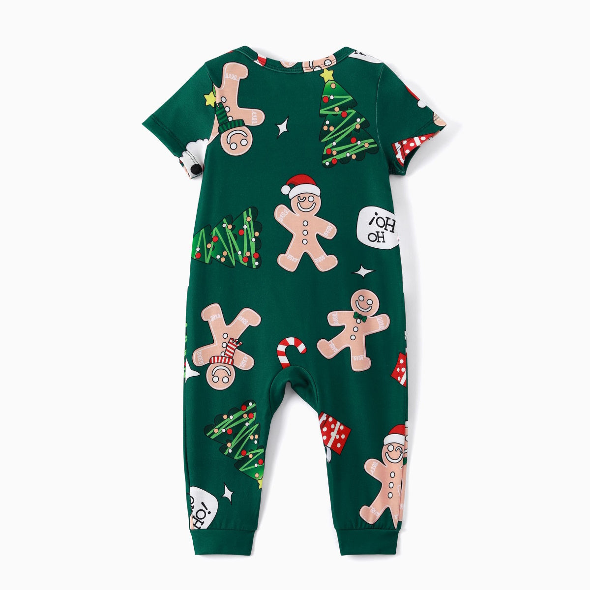 Green Short Sleeve Christmas Pajama Allover Gingerbread Santa Tree Gifts Print - ChildAngle