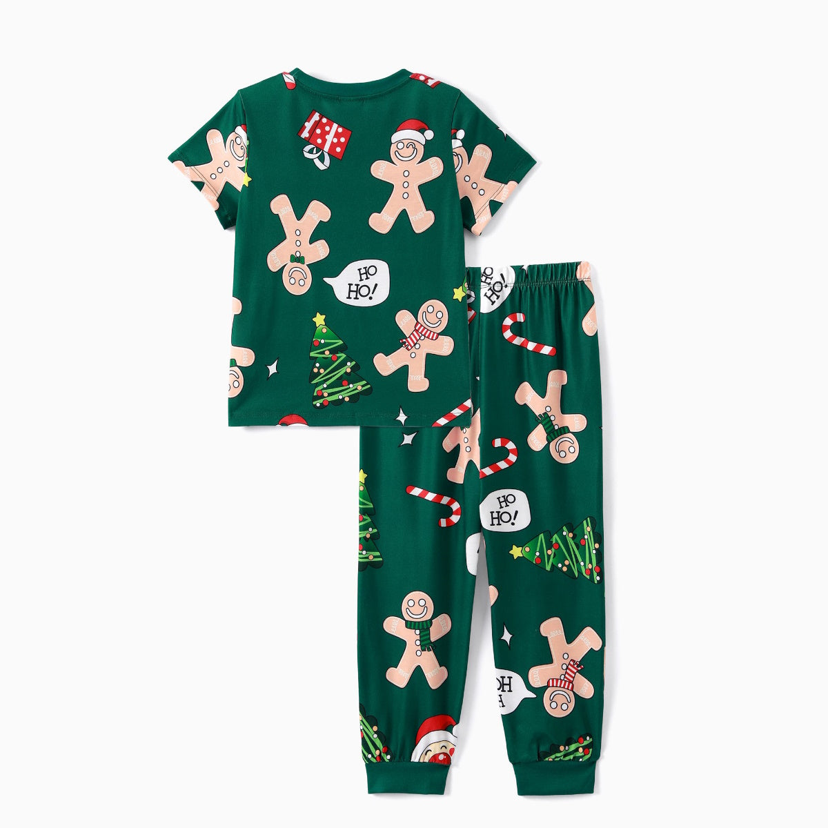 Green Short Sleeve Christmas Pajama Allover Gingerbread Santa Tree Gifts Print - ChildAngle