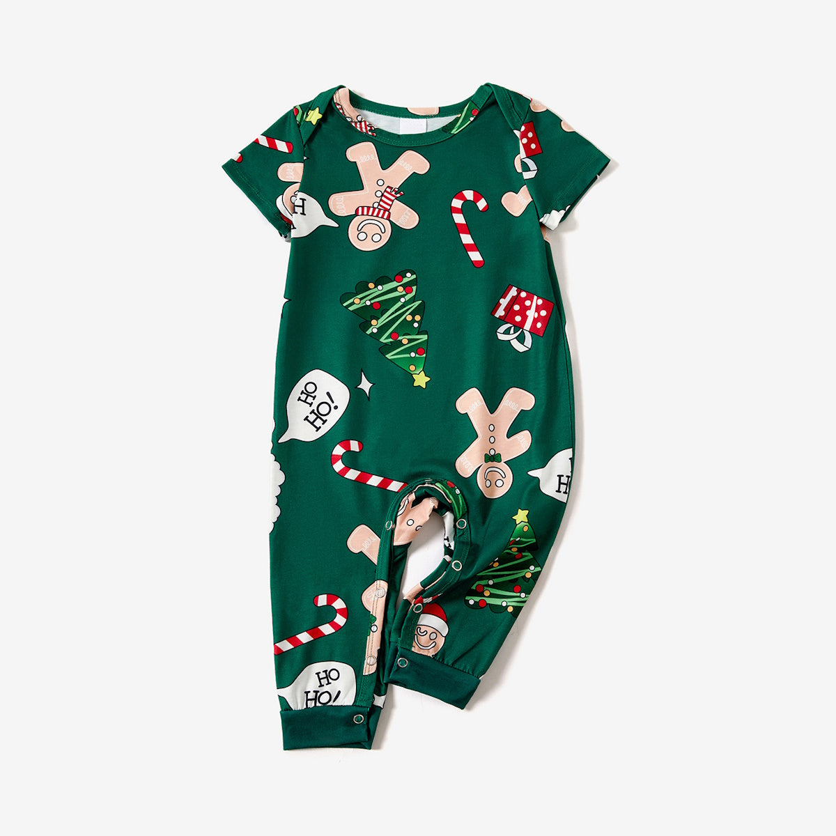 Green Short Sleeve Christmas Pajama Allover Gingerbread Santa Tree Gifts Print - ChildAngle