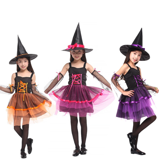 Halloween Dress Witch Skirt with Hat Kids Front Strap Skirt Cosplay Dress - ChildAngle