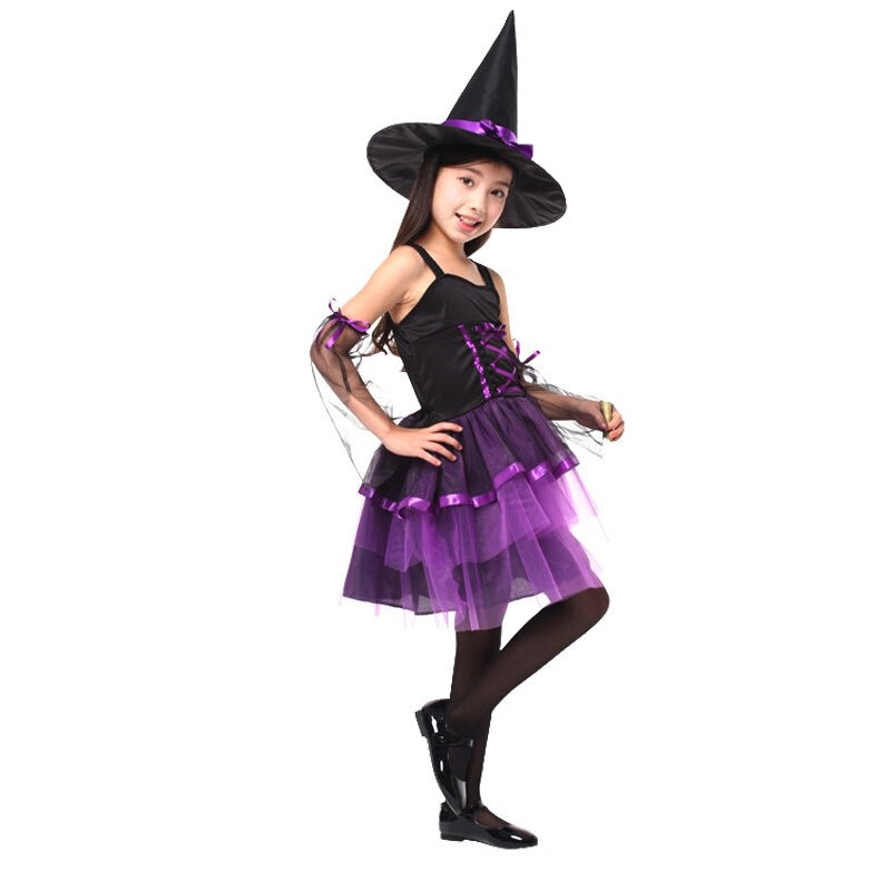 Halloween Dress Witch Skirt with Hat Kids Front Strap Skirt Cosplay Dress - ChildAngle