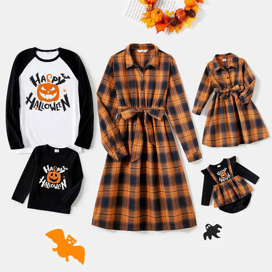 Halloween Family Matching Dress Plaid Long-sleeve Front Button Plaid Dresses and Pumpkin Graphic T-shirts Sets - ChildAngle