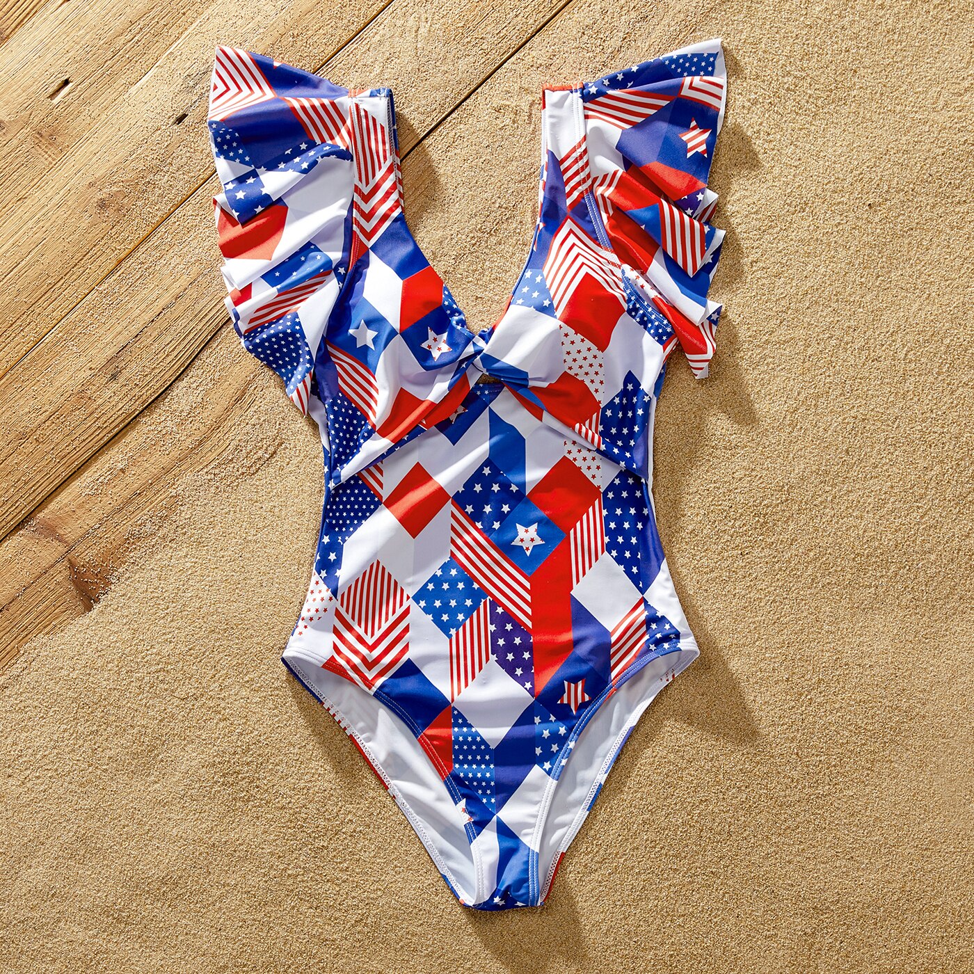 Independence Day Family Matching Swimsuit Geometric PrintTwist Knot Ruffle-sleeve One Piece - ChildAngle