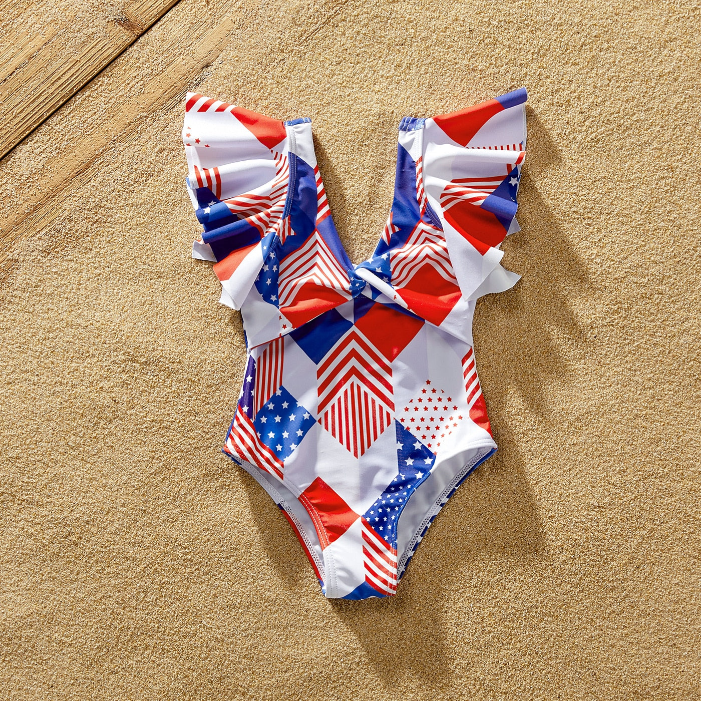 Independence Day Family Matching Swimsuit Geometric PrintTwist Knot Ruffle-sleeve One Piece - ChildAngle