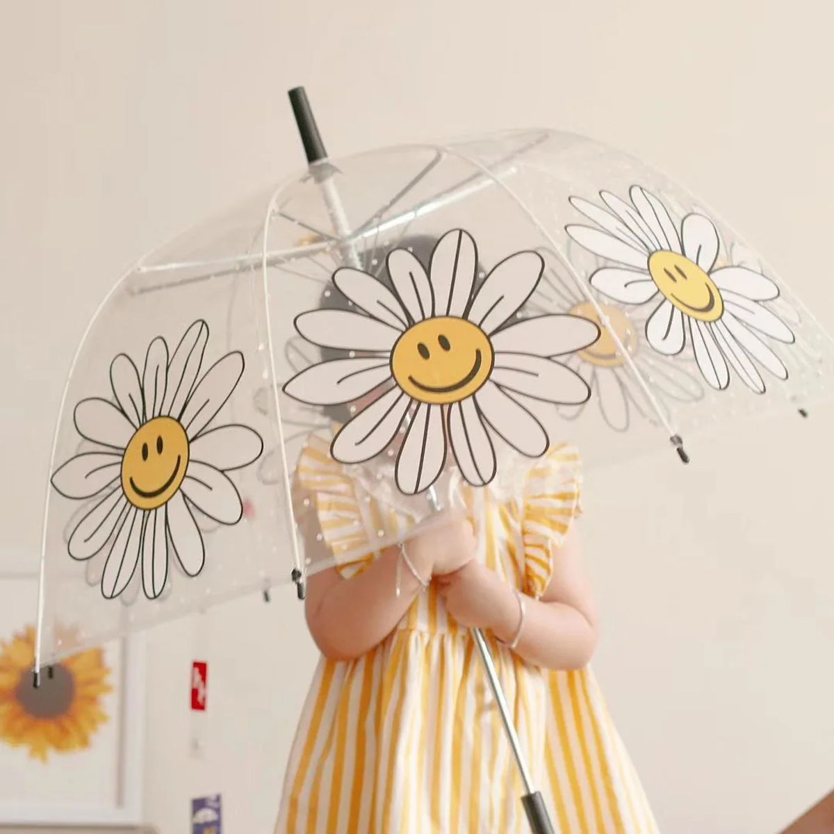 Smiling Flower Children Clear Umbrella Cute Kid's Stick Umbrella - ChildAngle