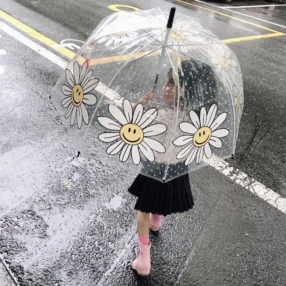 Smiling Flower Children Clear Umbrella Cute Kid's Stick Umbrella - ChildAngle