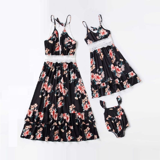 Lace Black Floral Matching Family Dress Maxi Dress for Mommy and Me Matching Outfits - ChildAngle