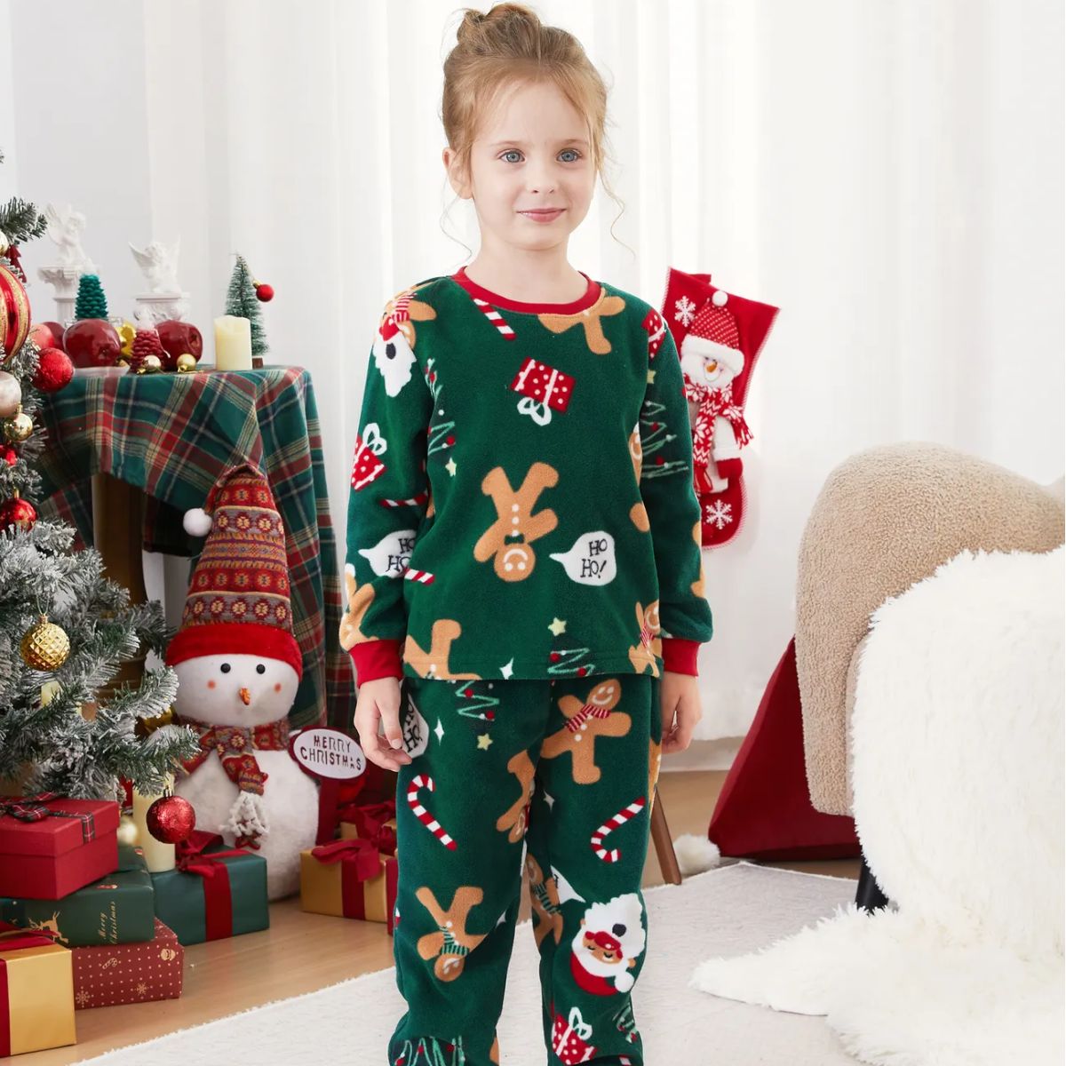 Green Christmas Pajama Allover Gingerbread Santa Tree Gifts Print Sleepwear