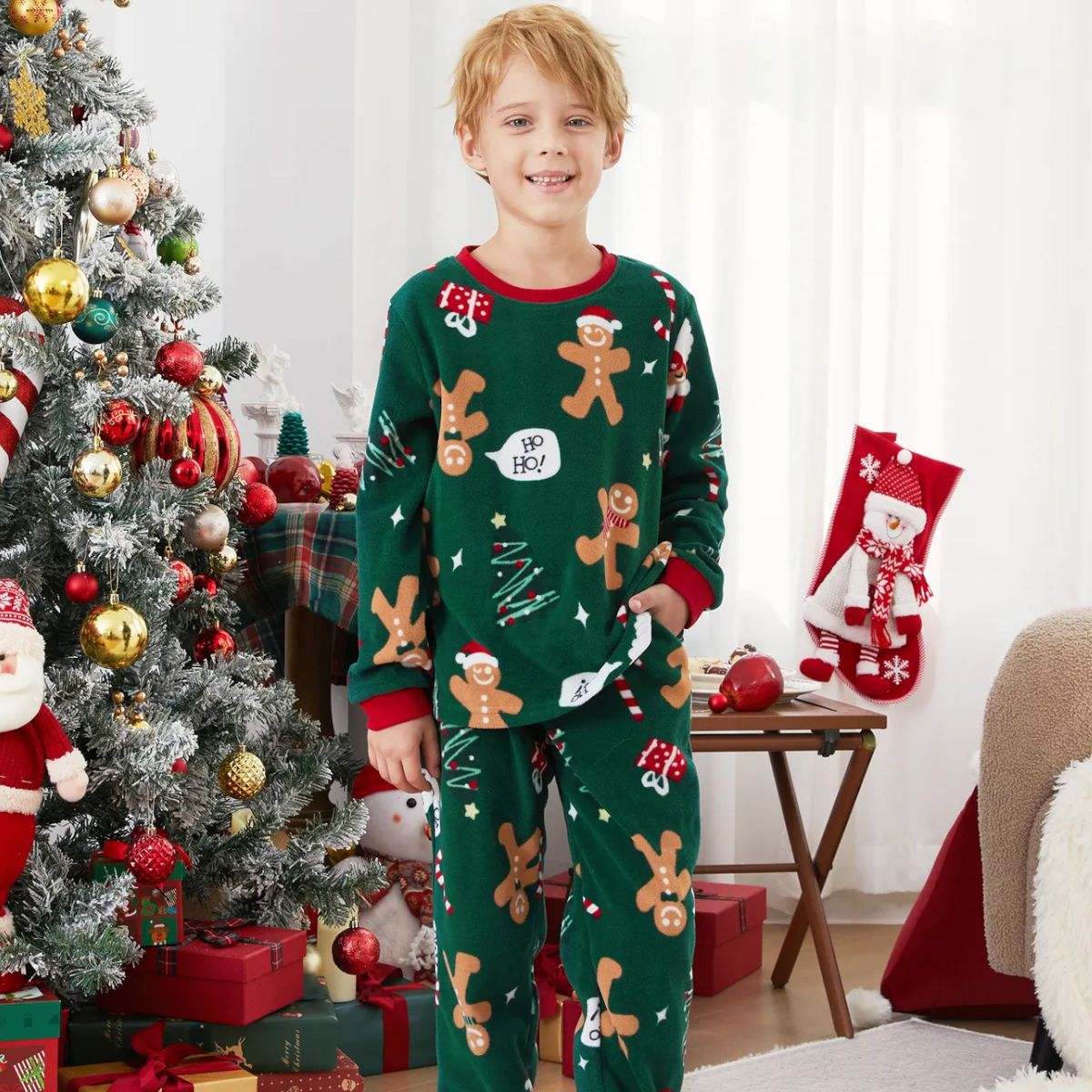 Green Christmas Pajama Allover Gingerbread Santa Tree Gifts Print Sleepwear