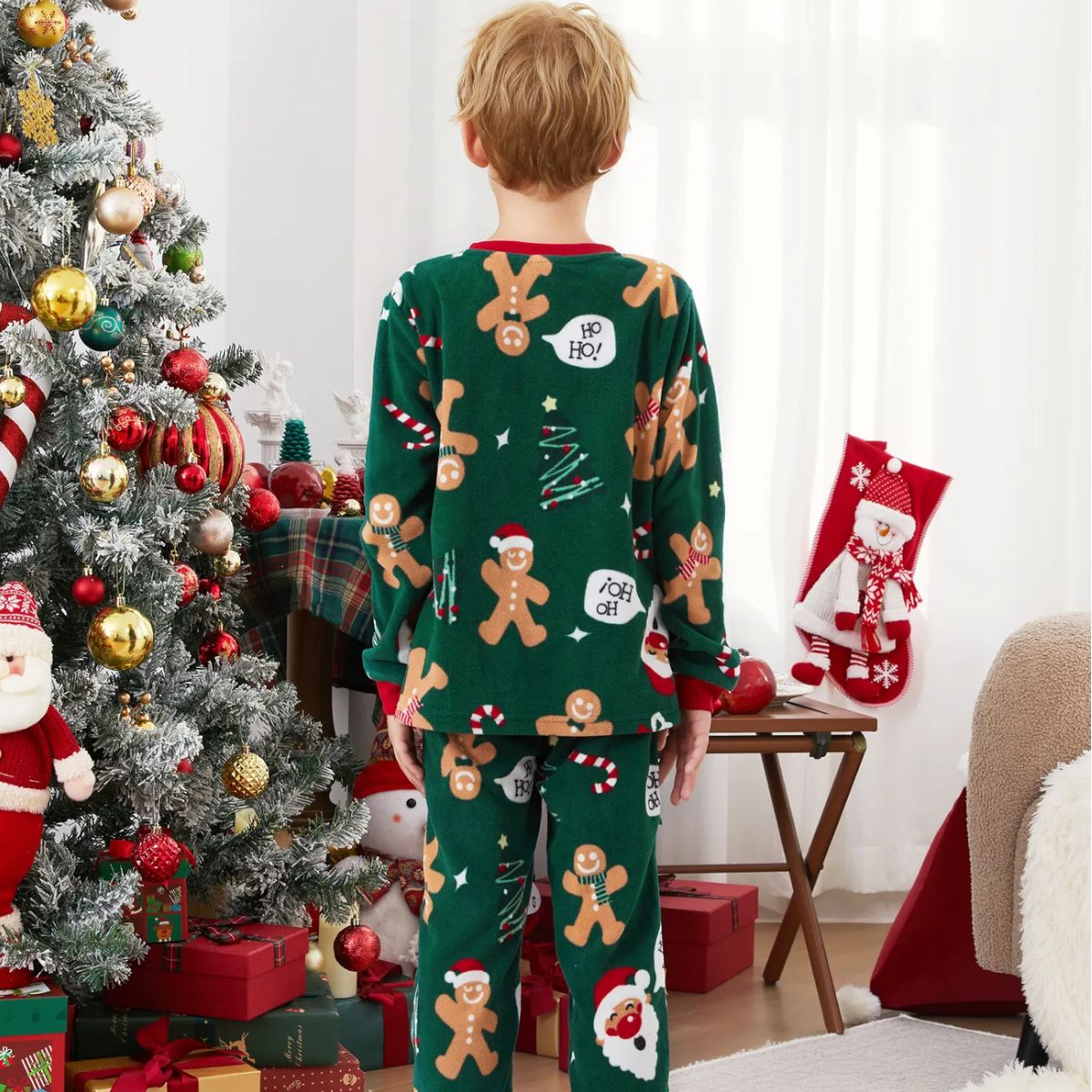 Green Christmas Pajama Allover Gingerbread Santa Tree Gifts Print Sleepwear