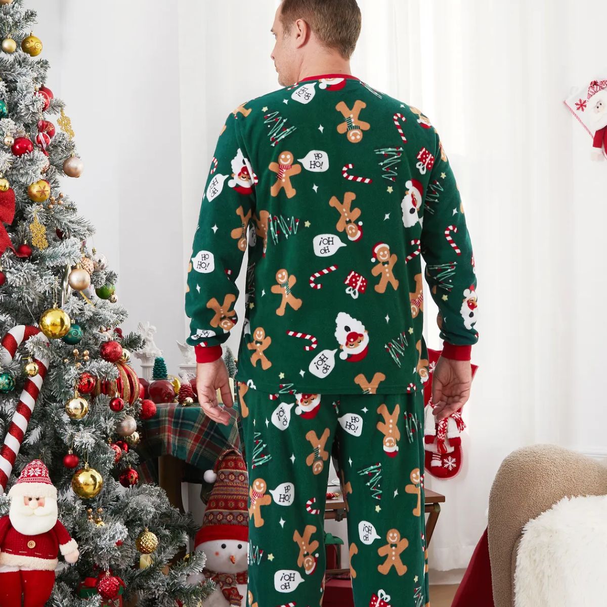 Green Christmas Pajama Allover Gingerbread Santa Tree Gifts Print Sleepwear