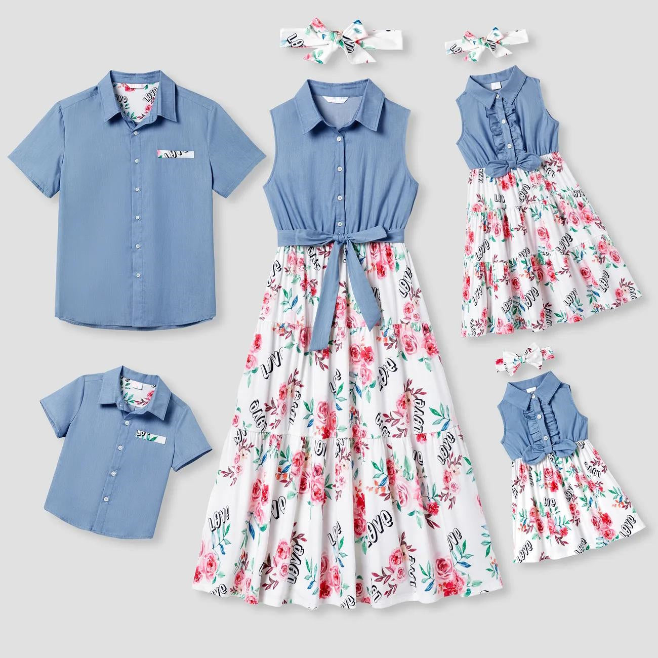 Matching Family Outfits Denim Stitching Flower Print Mommy and Me Dresses - ChildAngle