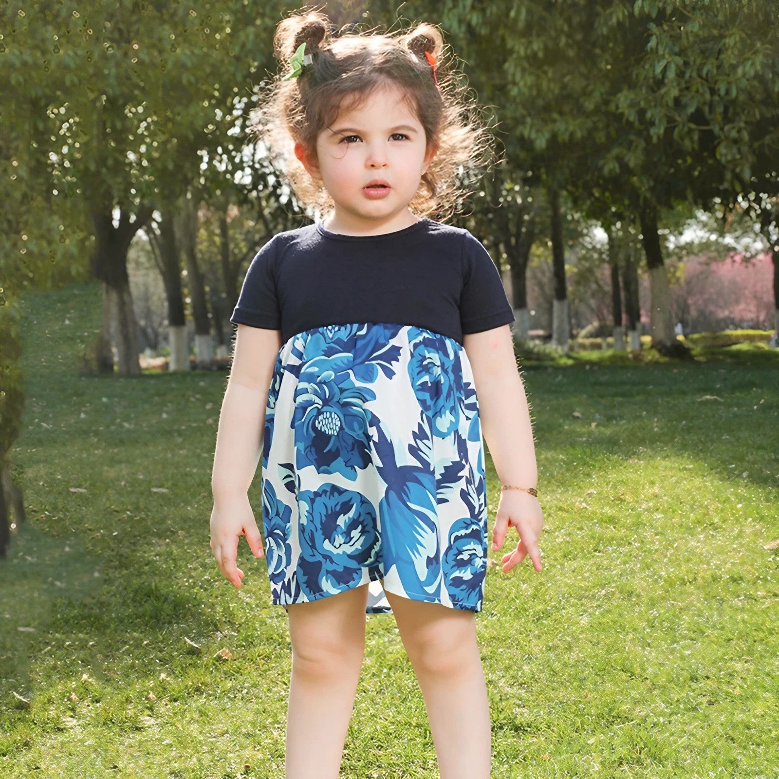 Matching Family Outfits Floral Print Dress Blue Denim Family Sets - ChildAngle