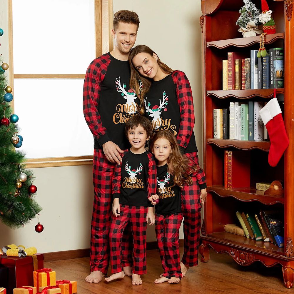 Matching Family Pajama Christmas Antler Print Plaid Pants Xmas Sleepwear - ChildAngle