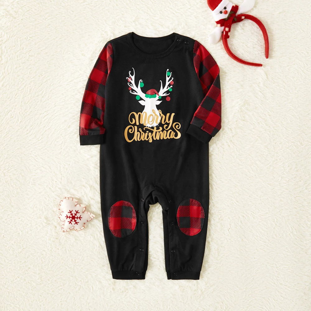 Matching Family Pajama Christmas Antler Print Plaid Pants Xmas Sleepwear - ChildAngle