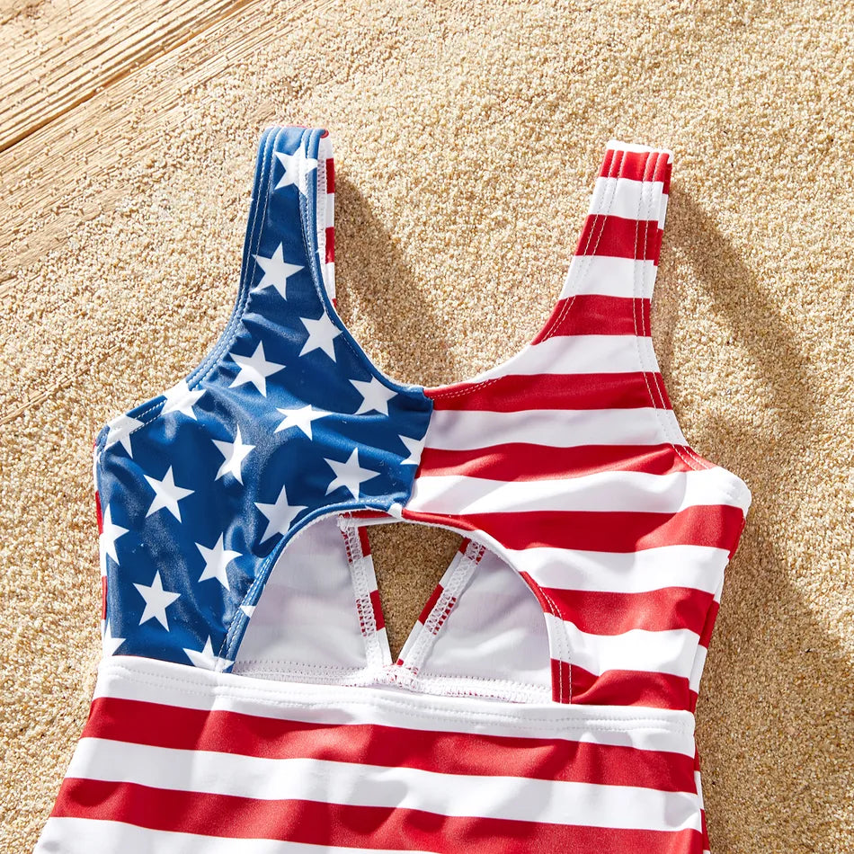 Matching Family Swimsuit 4th of July Red Stripe Stars Flag - ChildAngle