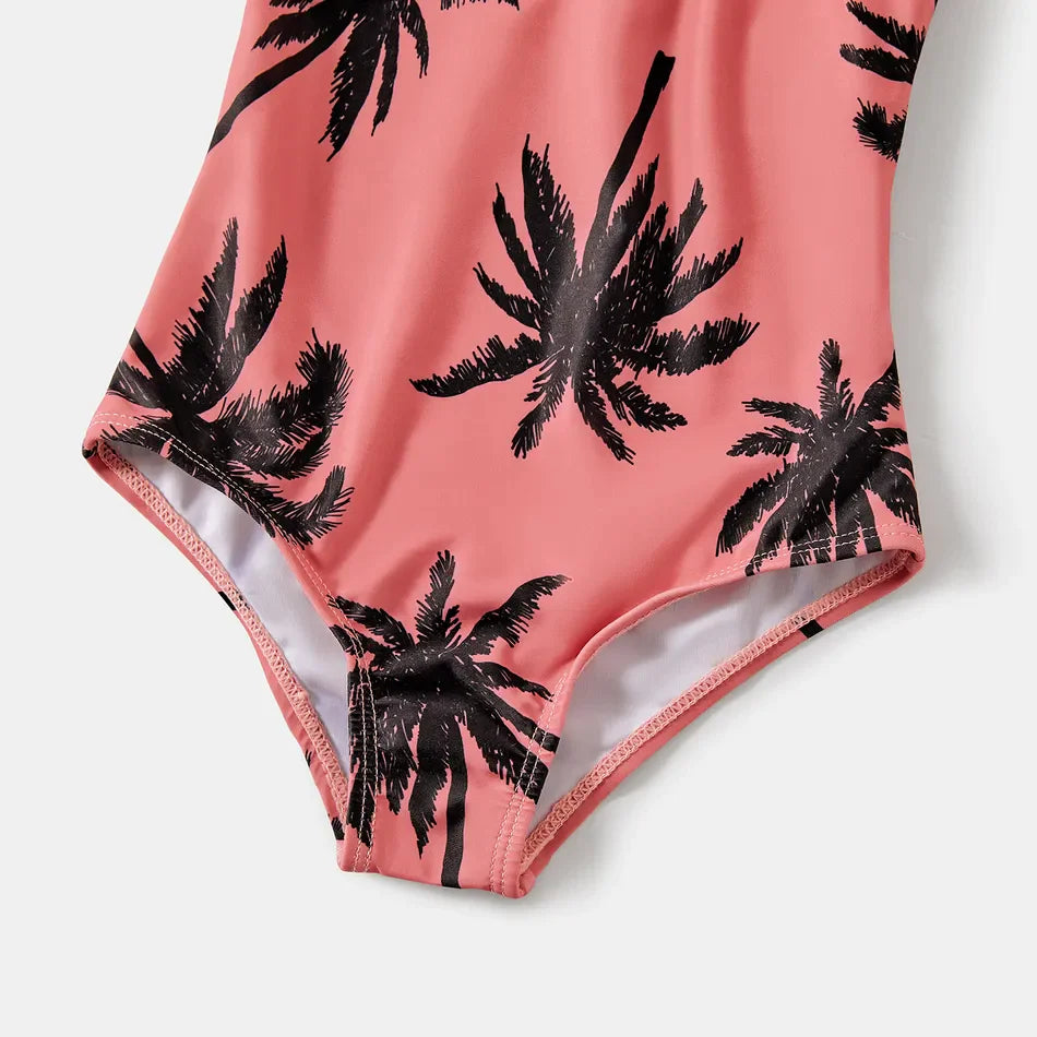 Matching Family Swimsuit Allover Coconut Tree Floral Pink One Piece Swimwear - ChildAngle