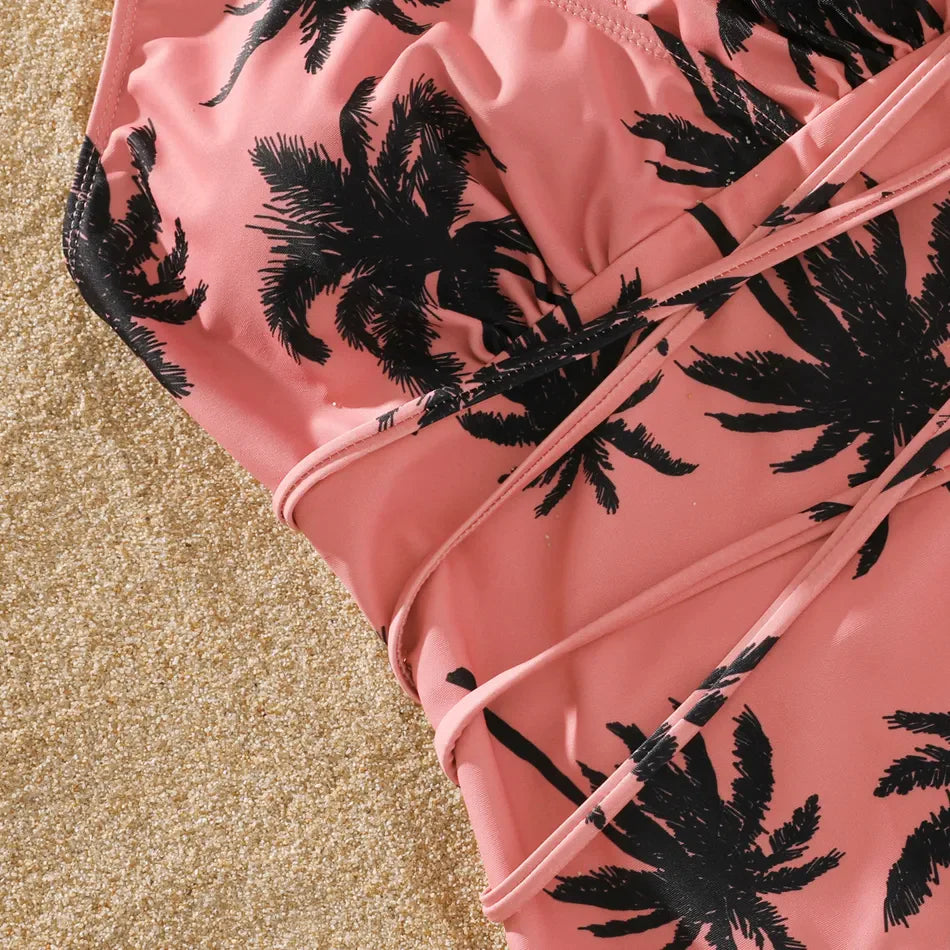 Matching Family Swimsuit Allover Coconut Tree Floral Pink One Piece Swimwear - ChildAngle