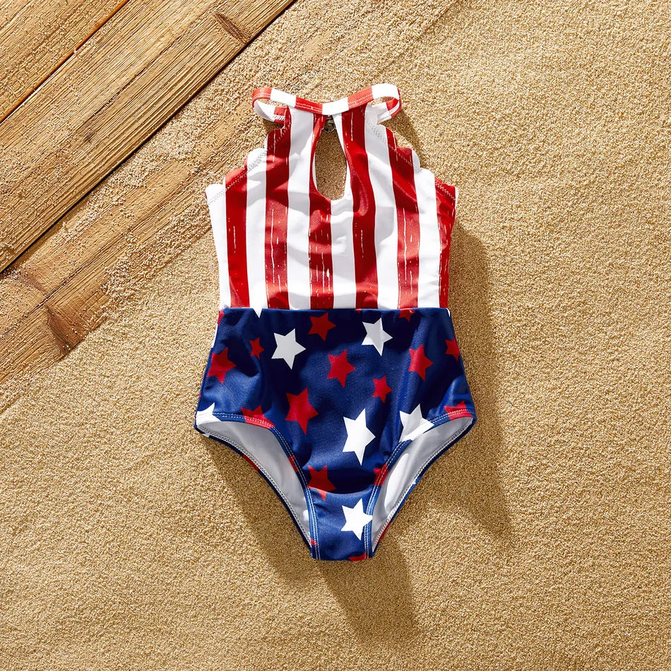 Matching Family Swimsuit Independence Day Flag Print Sling One-piece - ChildAngle