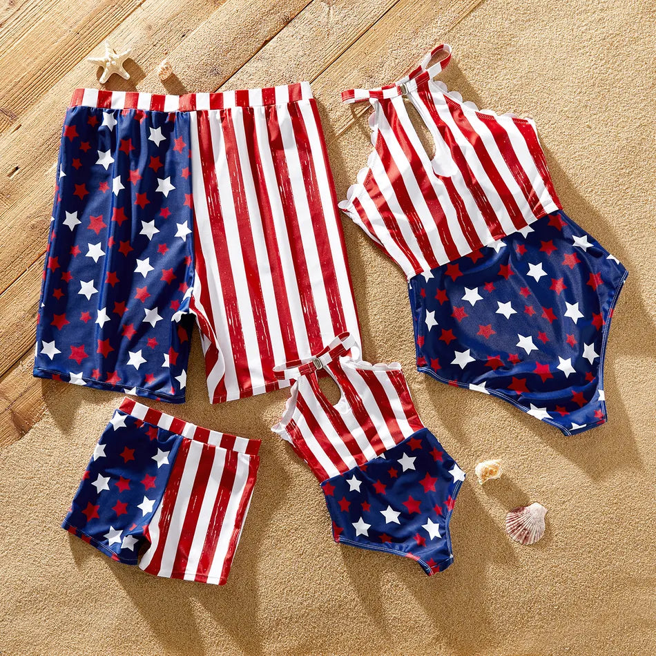 Matching Family Swimsuit Independence Day Flag Print Sling One piece ChildAngle