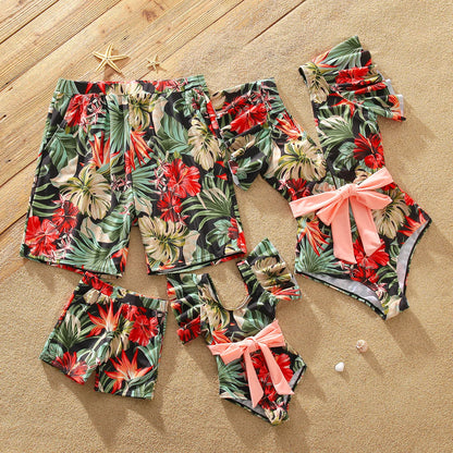 Matching Family Swimsuits Floral Print Red Waist Belt One-piece Bathing Suit - ChildAngle