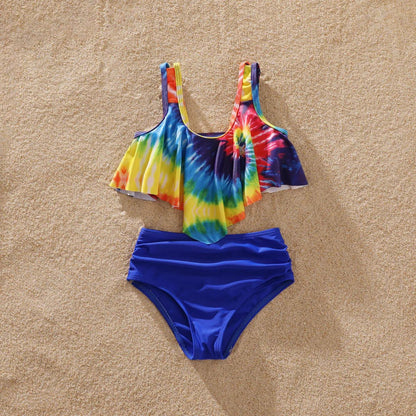 Matching Family Swimsuits Tie-Dye Flounced Off Shoulder Blue Colored Bathing Suits - ChildAngle